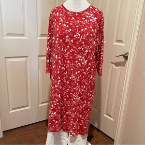 Lands’ End 2X Long-Sleeve Supima Cotton Mid-calf  Red/White Floral Nightgown